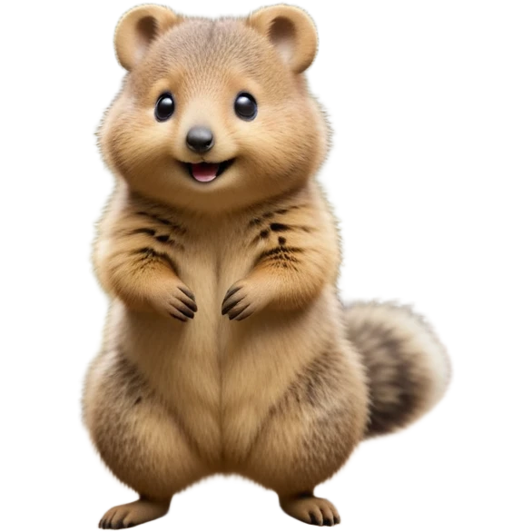 cinematic-quokka-realistic-full-body-standing on its hind legs hunched over-emoji,-small-round-frame-balanced-on-tiny-strong-hind-legs,giant fluffy cheeks large smile-fluffy-brown-fur-radiating-a-warm-softness,-big-round-eyes-filled-with-joy-and-innocence,-tiny-clawed-paws-held-close-to-chest,-cheerful-smile-exuding-endearing-happiness,-simplified-yet-realistic-focused-features,-highly-detailed,-glowing-with-a-sunny-warmth emoji