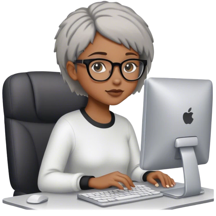 Light skinned Black girl with glasses short natural gray haircut working on computer emoji