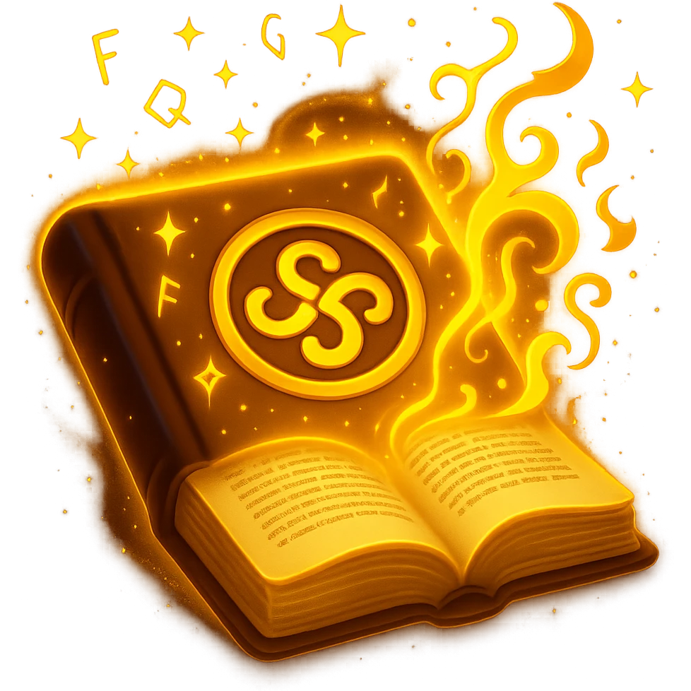 Make the mystic yellow book even more mystical in the style of apple emojis. Add a glowing magical aura, floating runes, swirling sparkles, and mysterious energy around the book. Keep no background. emoji