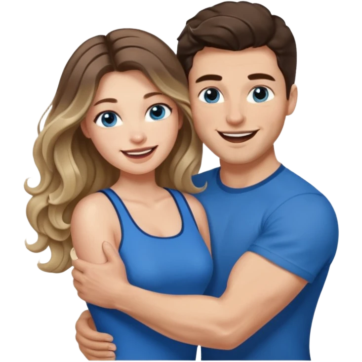 Women with blue eyes and very long, brown blond balayage curled hair in the arms of a man with strong arms a straight face, a very sexy man blue eyes. They are laughing at each other. He has dark brown hair: A fade haircut down to skin and is light skinned  emoji