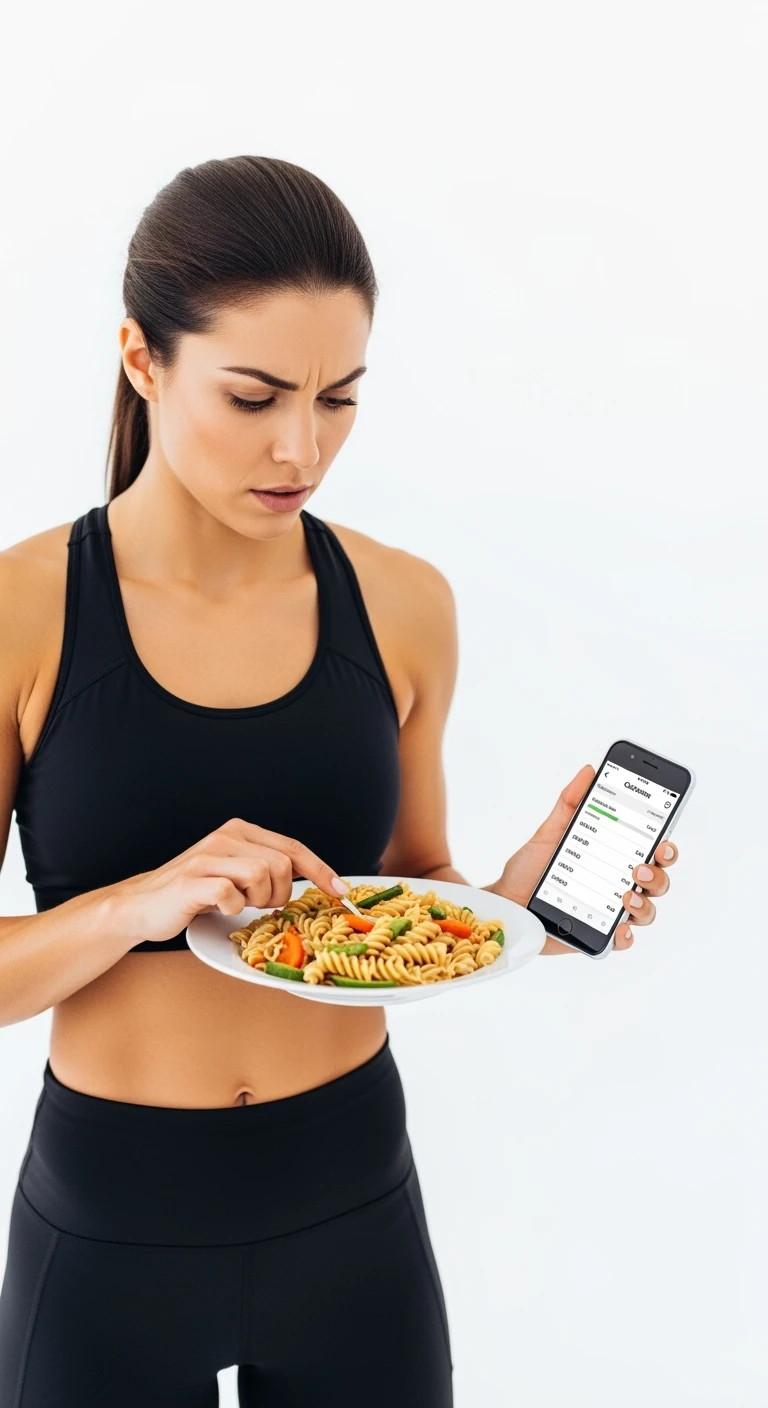donna fitness che calcola ossessivamente le calorie di quello che sta mangiando: in mano ha un piatto di pasta e nell'altra mano ha lo smartphone per segnare tutti gli alimenti, sfondo bianco emoji
