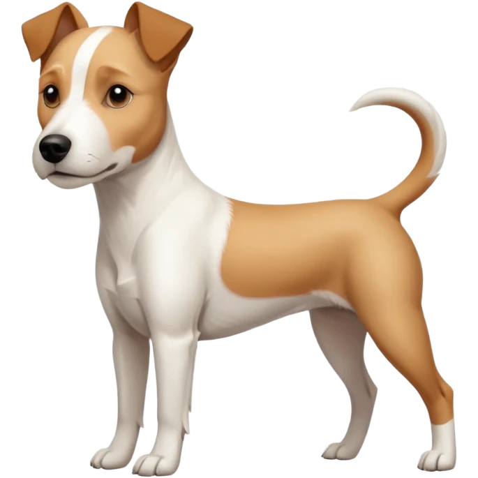 a full body facing front on of a buff white parson russell terrier looking dog the size of a kelpie with light brown long ears resting on its face and a light brown patch on one eye and a large snout. the rest of the dog is completely white. \ emoji