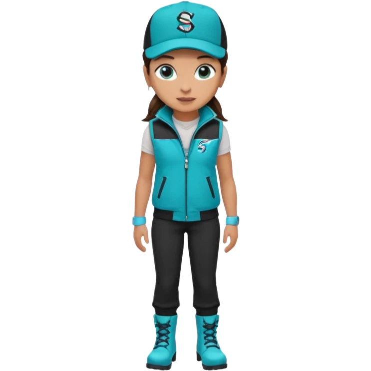 A landscaper in a beautiful turquoise jacket and turquoise boots, black pants, and a black sleeveless shirt. On his head is a black Swissotel baseball cap. The girl is a brunette with blue eyes. emoji