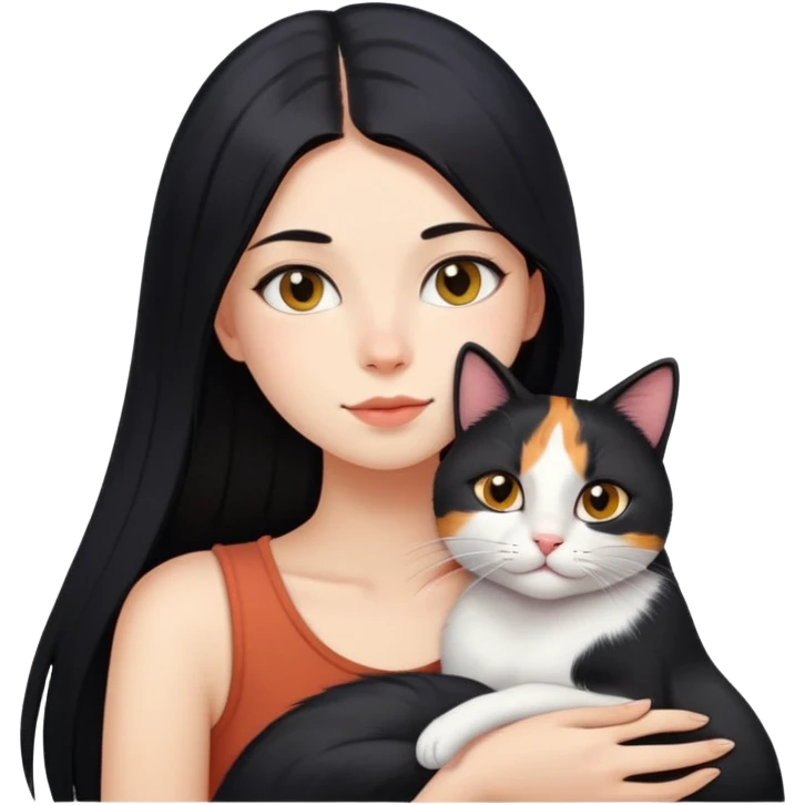 girl with long black straight hair and domestic calico cat is lying on her left shoulder and neck emoji  emoji