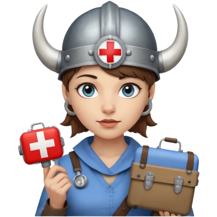 A young woman with beautiful blue eyes, short brown hair shaved on the sides, giving her a Viking look and a horned helmet. She holds a medical kit with a red cross icon in her hand. A stereoscope hangs around her neck. emoji