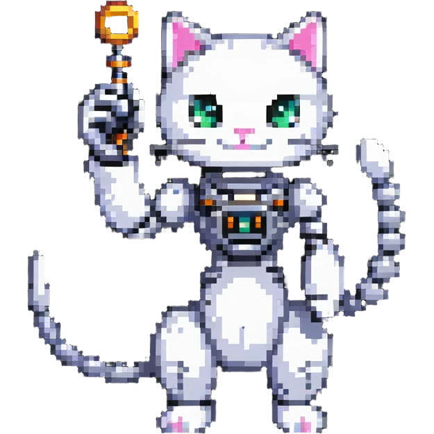 pixel art cat with a robotic arm, retro gaming vibe emoji