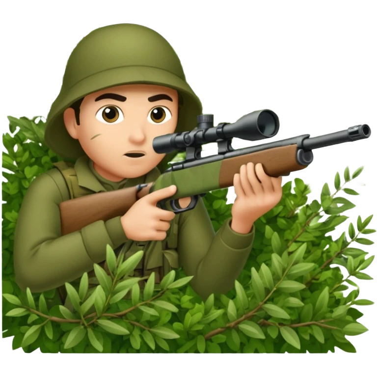 person sninping aiming with a long sniper in a big bush emoji