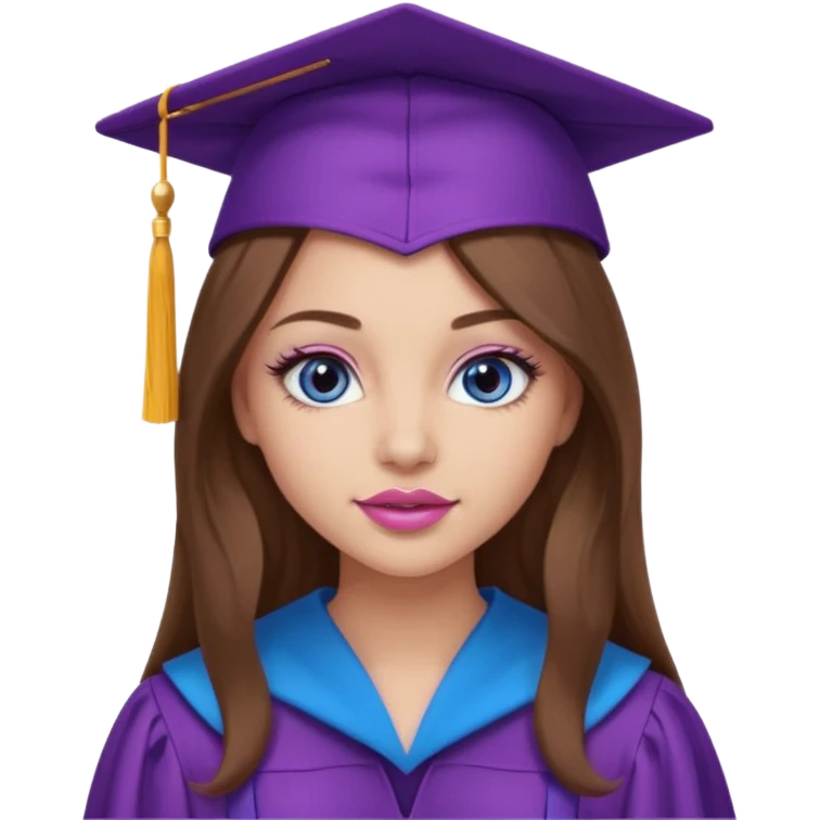girl with gorgeous long brown hair, blue eyes, long lashes makeup, sexy pink lips, wearing a purple graduation cap and gown emoji