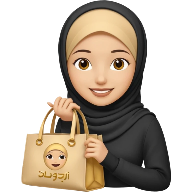 stunning hijabi girl smiling as iOS 18 emoji, tote bag with 'keep chasing your dream' in soft gold lettering emoji