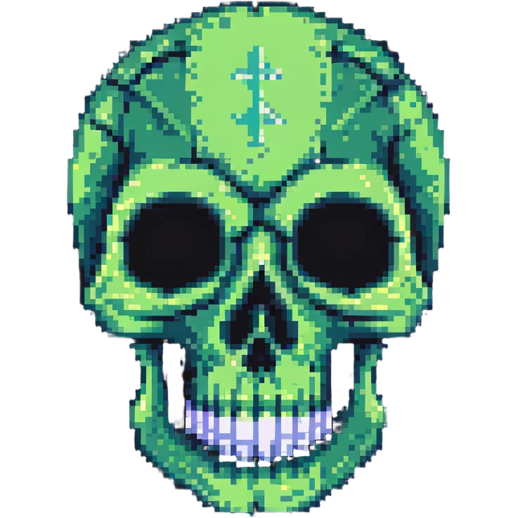 A pixelated skull with X eyes emoji
