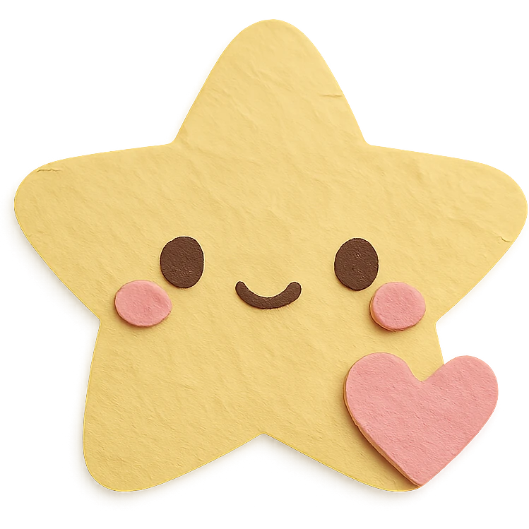Cute pastel yellow star with a tiny pastel heart, no limbs, full body, transparent background, kawaii paper craft style. emoji