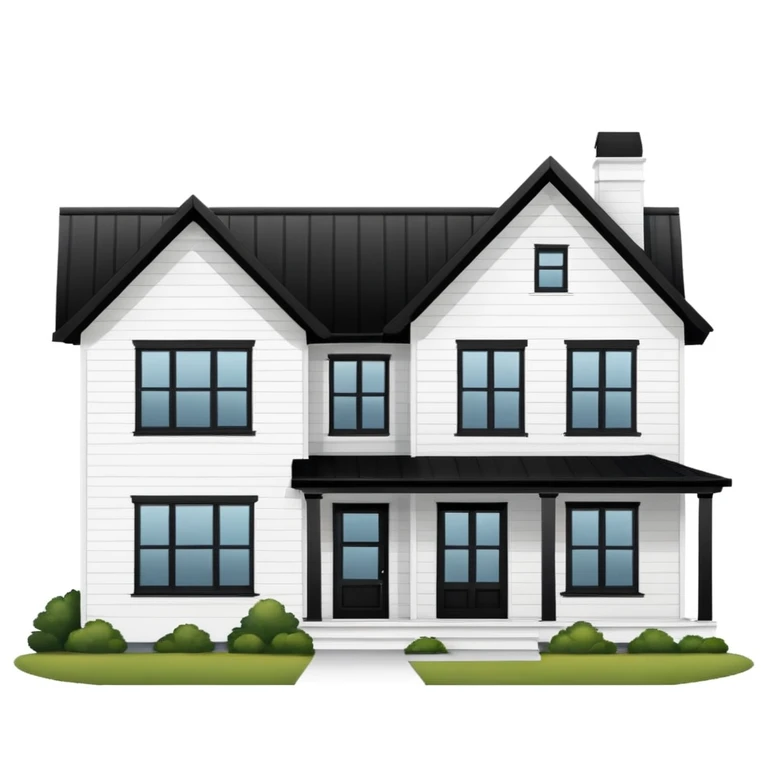 modern farmhouse with white siding, black roof and black trim, exterior view emoji