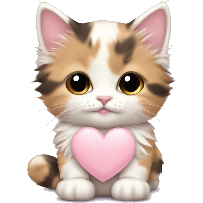 calico fluffy fat kitten with pale pink bow holding a pale pink heart emoji