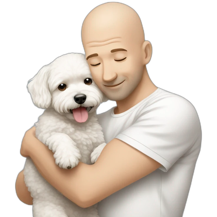 a bald man hugging white maltipoo emoji