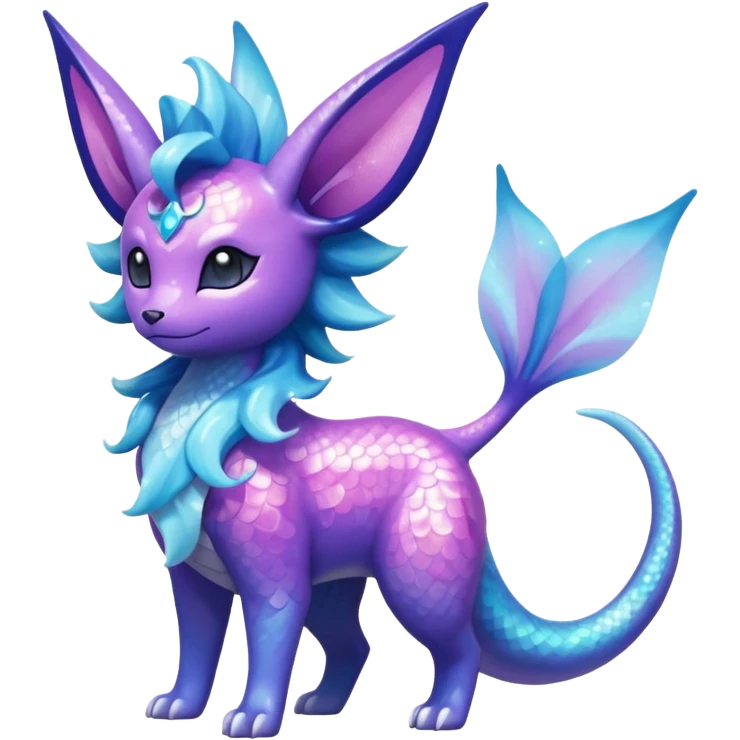 Magical scaley blue-cyan-indigo-purple-violet-pink-gradients nebula shiny glittery Suicune-Vaporeon-Primarina-Amaura-Pokémon-Fakémon-fusion, full body emoji