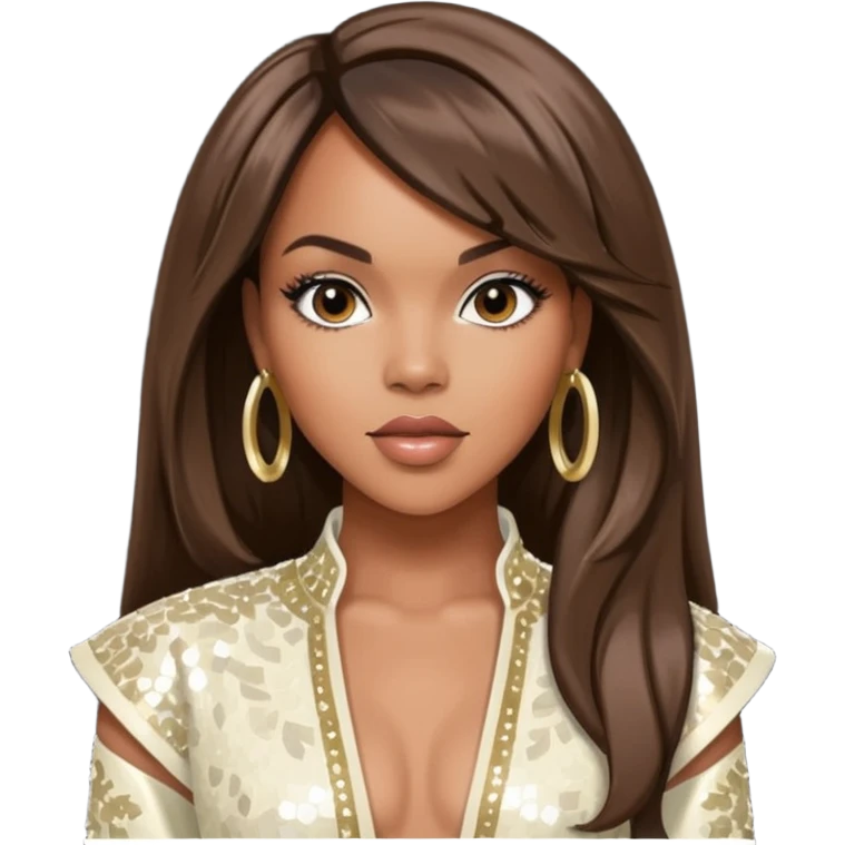 LeToya Luckett from Destiny's Child with long dark brown hair, ivory sequin outfit emoji