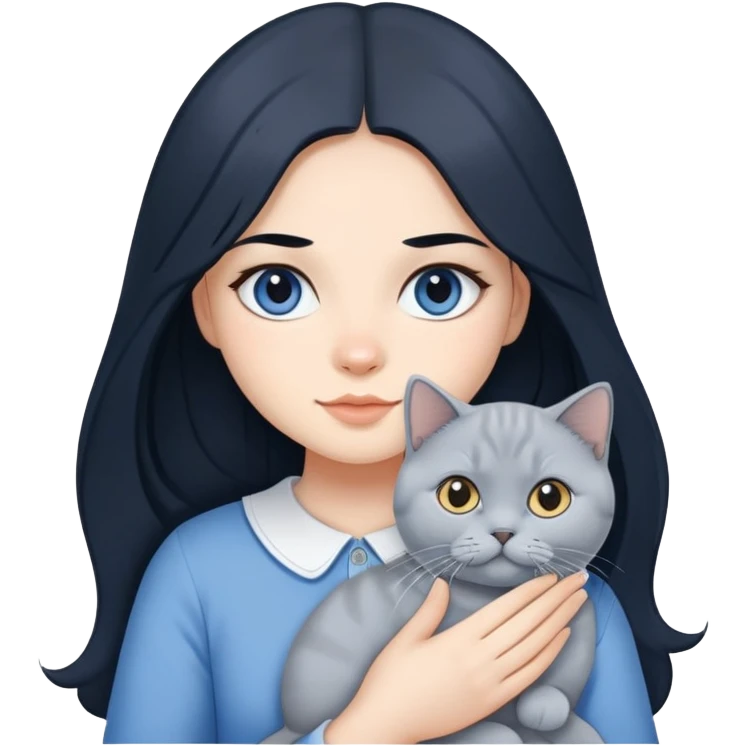 A girl with long black hair is holding a blue and white British shorthair emoji