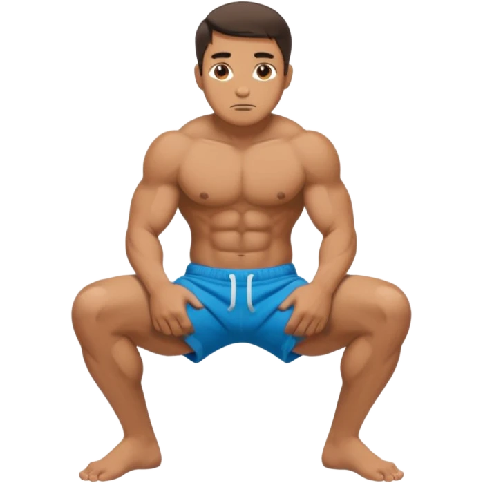 A squatting man legs spread apart and make a penis visible going through a hole in his broken shorts emoji