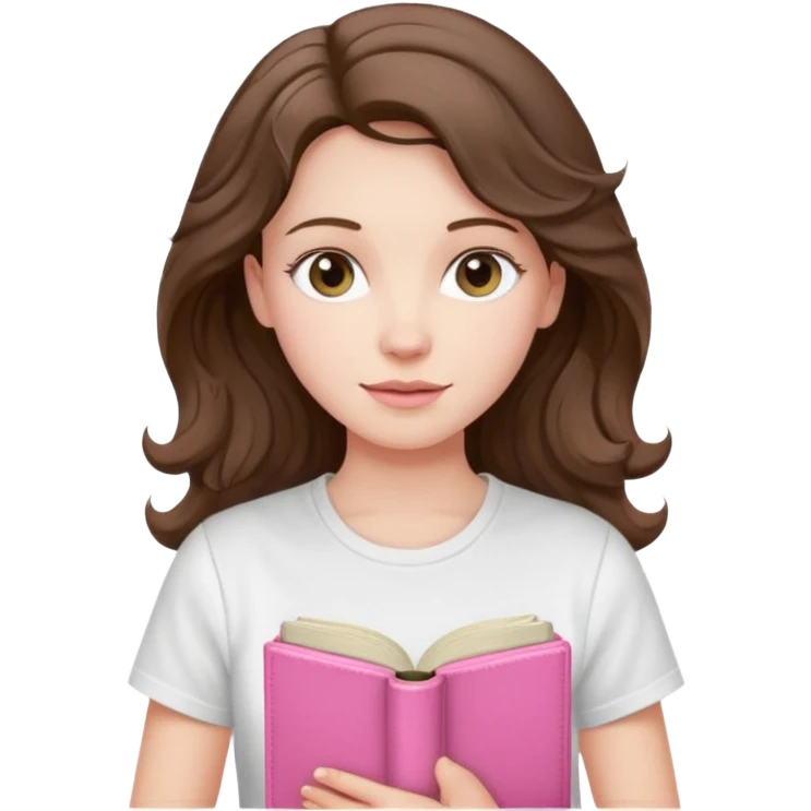 pale-skinned woman with wavy brunette hair, white t-shirt, holding a pink Bible, gentle and calm pose emoji