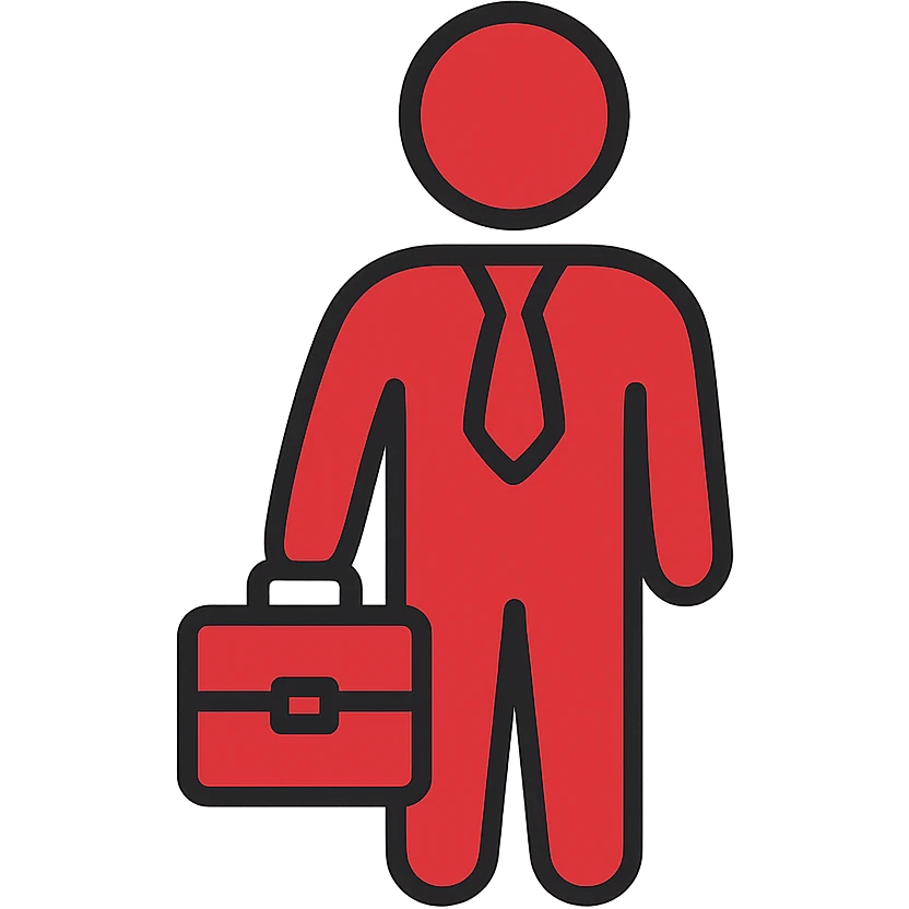Minimalist red CEO business person icon with briefcase. All lines in red color only, no black outlines. Professional silhouette representing leadership. emoji