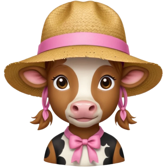 Girl cow with small pink ribbon and a cute straw hat emoji