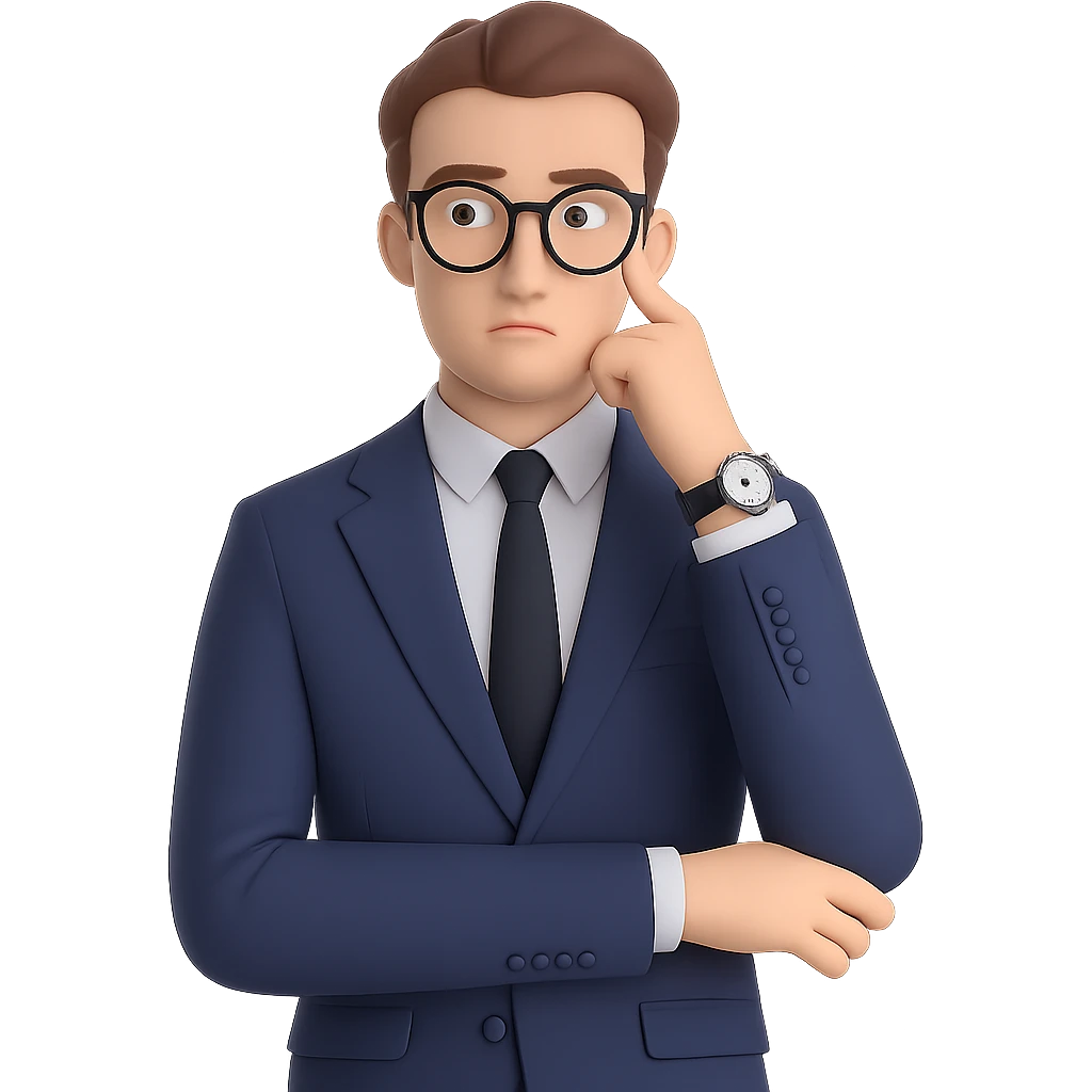 Add stylish glasses to the thoughtful businessman, keeping the luxury watch visible and the expression contemplative and curious, with a clean background. Maintain a clean background and focus on the glasses and expression enhancement. emoji