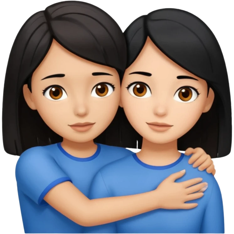 a brown-eyed brunette hugs a brown-eyed girl with a bob and black hair, and the strands are blue emoji