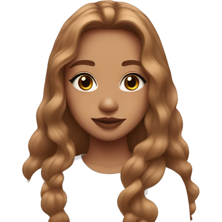 Girl with ahs light brown long hair, almond hazel eyes, little eyeliner, thick but not much brows, better pink heart shaped lips and dimples  emoji