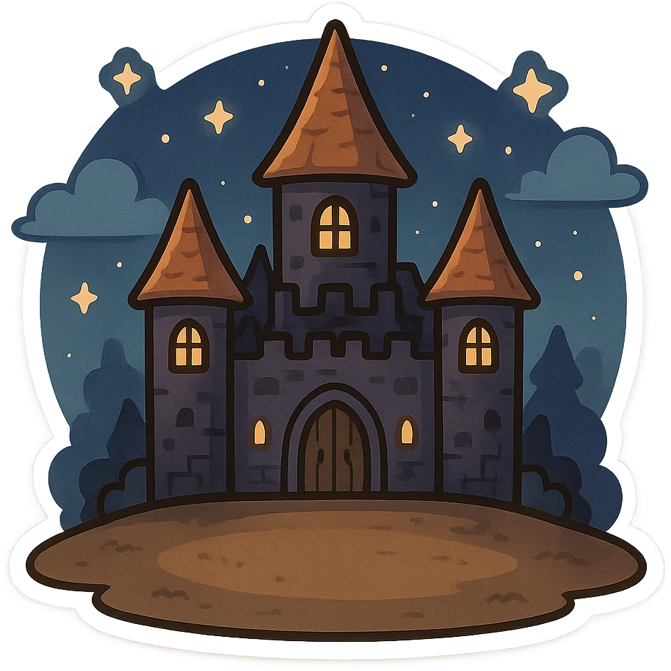 一个万圣节古堡，中间有一片空地，夜晚，星空 emoji