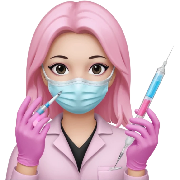 laboratorista con guantes rosa pastel y mascarilla rosa pastel jeringa tubo laboratorio sin lentes pelo lacio negro y largo ojos negro cabello largo emoji