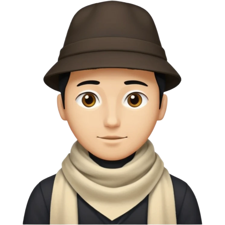 A guy with a triangle body with no arms and legs then his head is a perfect circle and black then give him a hat that doesn’t go behind his head, and last but not least give him a white scarf emoji