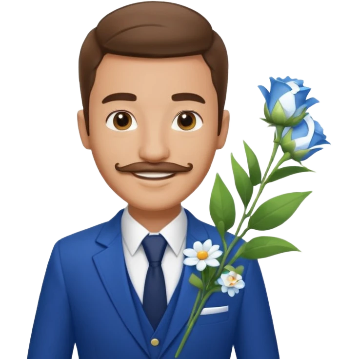 Homme 23 ans léger bouc moustache en costume bleu chemise blanche insigne cabin crew portant bouquet fleur blanche souriant  emoji