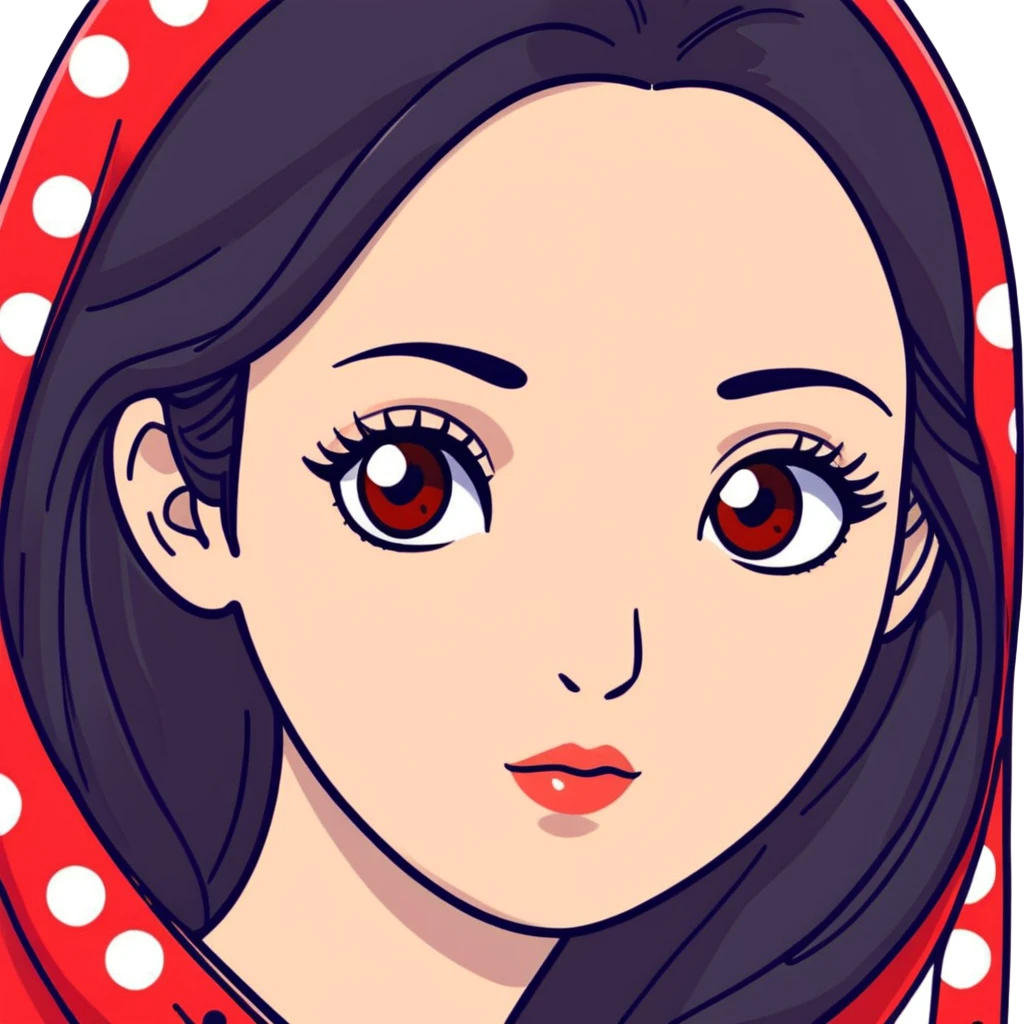 White girl with long oval shaped face, large almond shaped eyes with long eyelashes, long straight black hair falling in front of her bare shoulders, face closeup, with red and white gopi dots decorating her forehead above eyebrows emoji