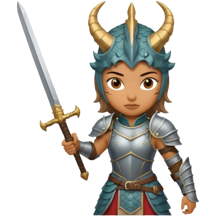 Fierce Latina in armor with a sword after a battle cutting off the head of a dragon emoji