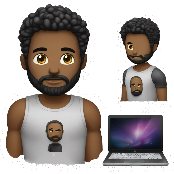 Emojy d'un homme, avec l'ordinateur portable devant, style Apple, moderne, une légère barbe bien taillée, des cheveux chauves, un t-shirt Marvel noir, un ordinateur à la main emoji