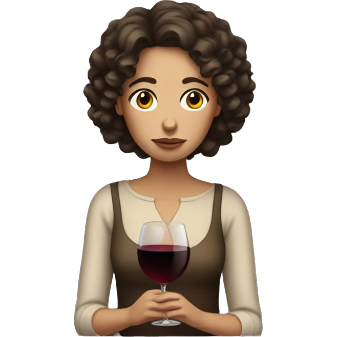 Sad White Woman with curly dark brown hair drinking wine emoji