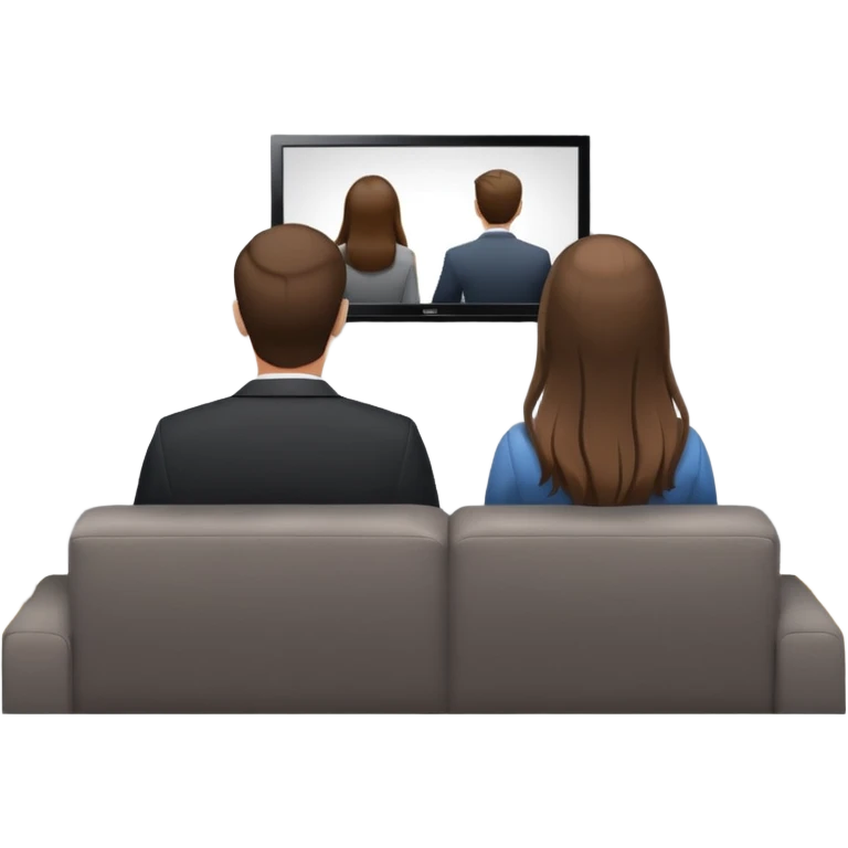 A man and a women long hir  photographed from behind, sitting on a sofa and watching the news on TV on a modern flat screen. The setting is a living room. emoji