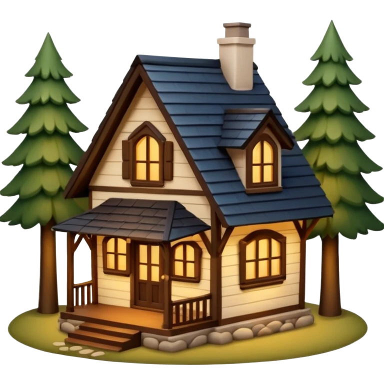 A cozy small house with warm lights coming from the windows, wooden details, surrounded by trees, peaceful atmosphere, soft lighting, charming and realistic
 emoji