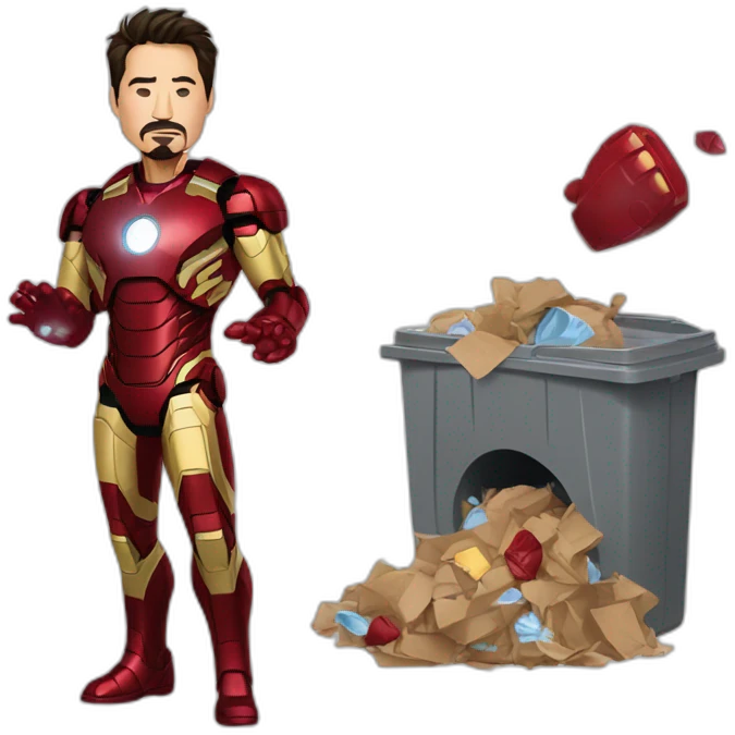 Tony Stark wearing pijama throwing his iron man suit in the garbage emoji