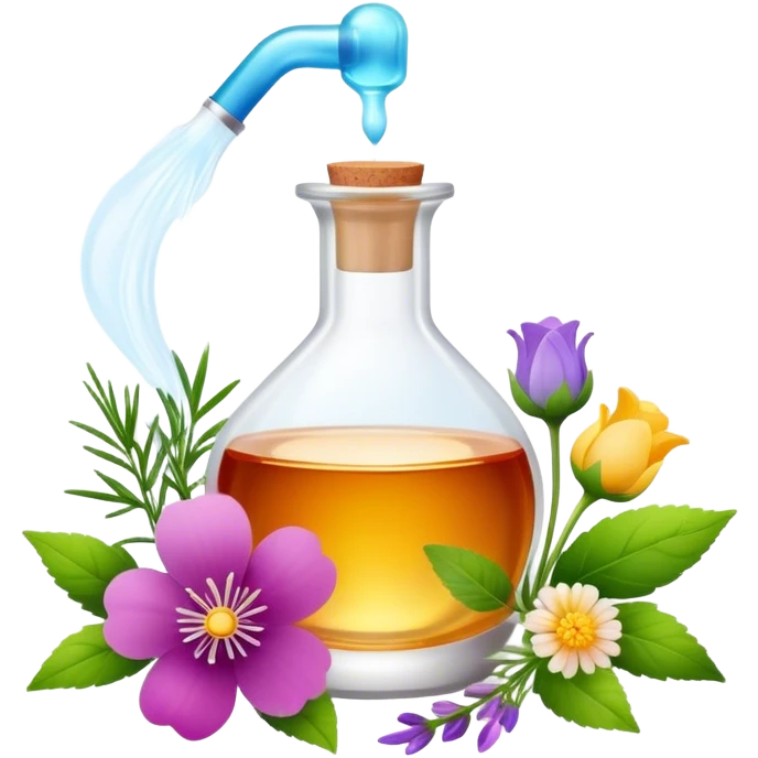 Perfume making icon, delicate glass bottle being filled with colorful essential oils from droppers, swirling mist rising from the bottle, flowers and herbs nearby, minimalistic style, clean lines, transparent background. emoji