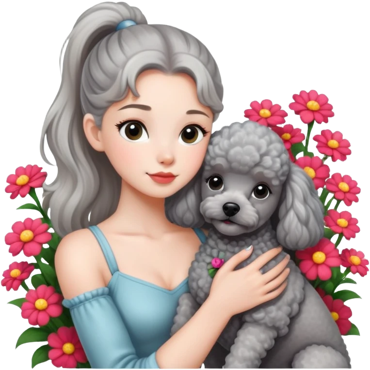 A beautiful girl with a high ponytail hugs a gray poodle among the flowers emoji