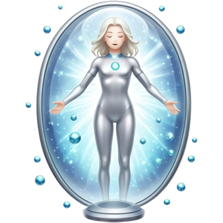 Silver capsule levitating among bright shining particles, with a translucent shield floating over an ethereal immune defense figure and a radiant thyroid gland in the background emoji