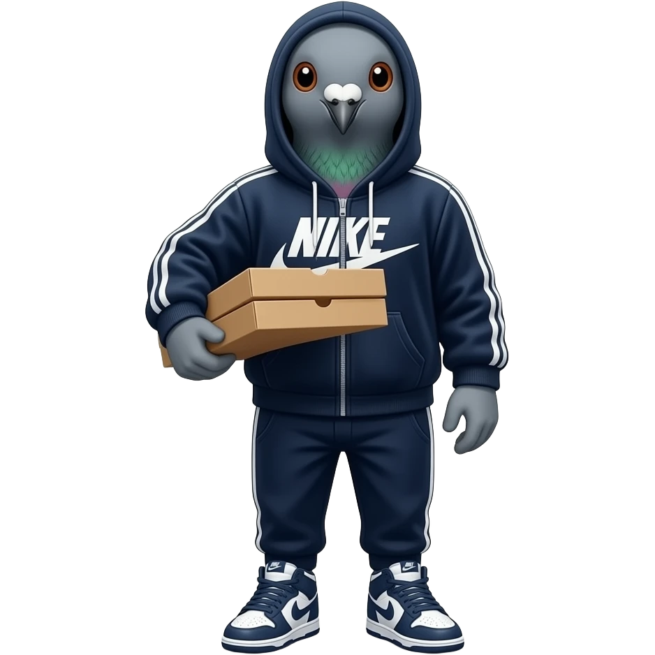 a staten island pigeon wearing a velour track suit hoodie and nike dunks and carrying a pizza box emoji
