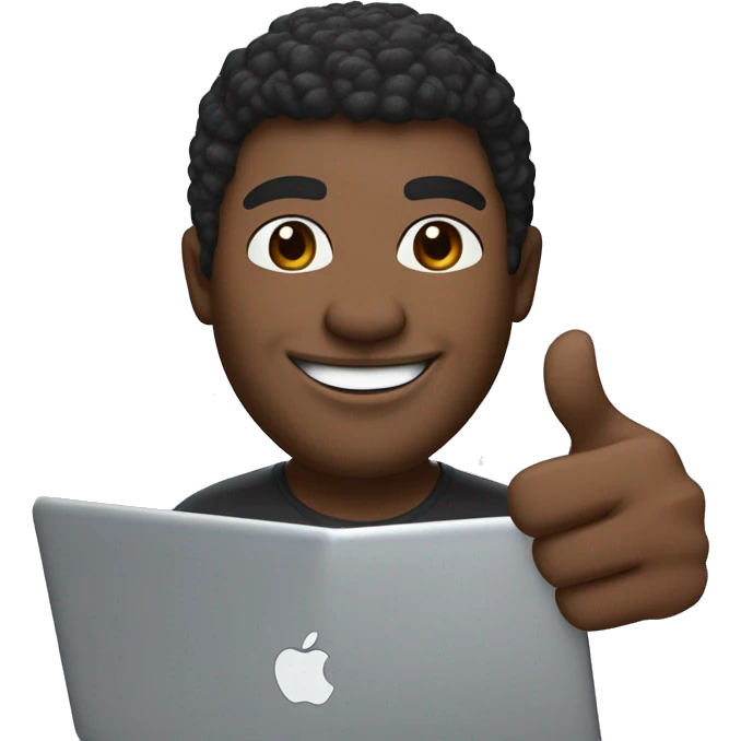 Design an iOS-style Memoji of a dark-skinned software engineer with a big smile. The Memoji should be slightly turned, giving a thumbs-up with the right hand and holding a Dell Precision 5680 laptop with the left hand. It should wear a beige hat emoji