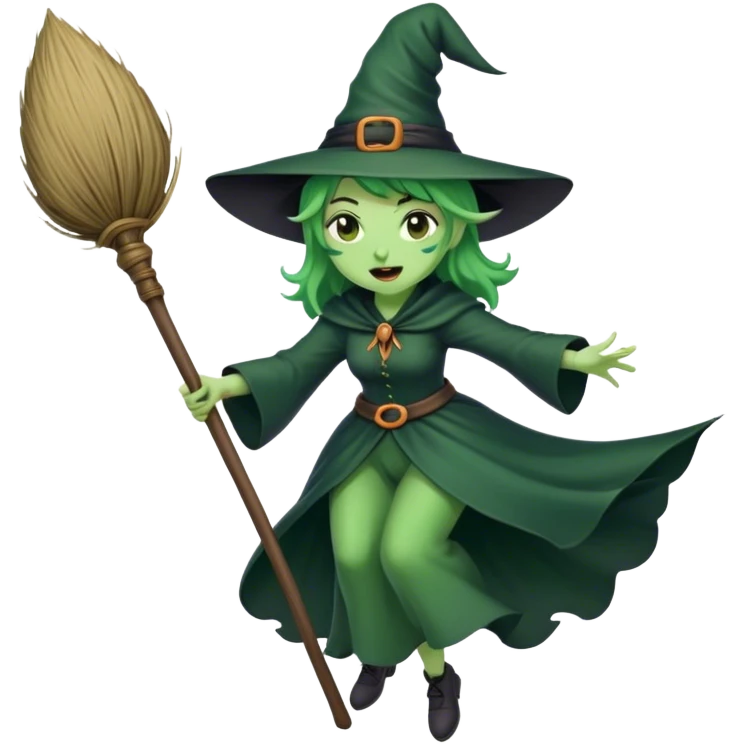 A witch with green skin holding a broom stick in her hand flying and singing  emoji