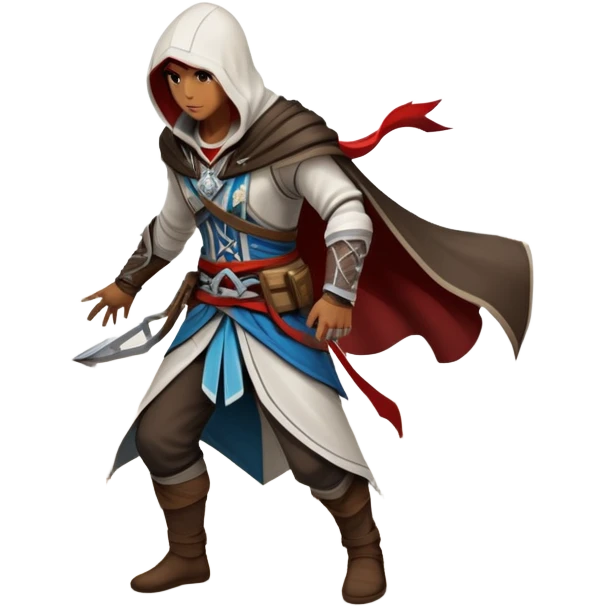 An icon representing an adventure game, inspired by Assassin's Creed. The design features a heroic character in hooded attire, scaling a tall building in a historical cityscape. The background shows ancient architecture and hidden symbols, symbolizing exploration and stealth. Transparent background emoji