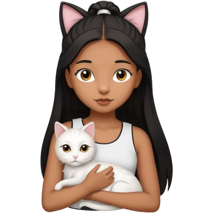 An brown skin Teenager girl with brown eyes, long black hair in a high ponytail, with a white crop top holding her white cat which has folded ears  emoji
