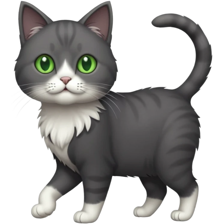 full body solid dark grey cat with green eyes, white paws and white whiskers walking emoji