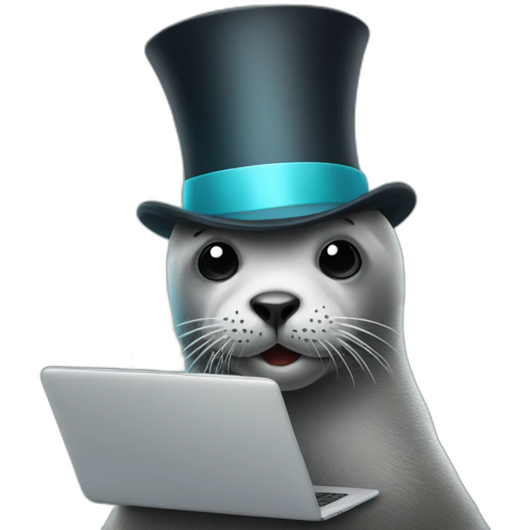 Seal wearing top hat using laptop and magic wand emoji
