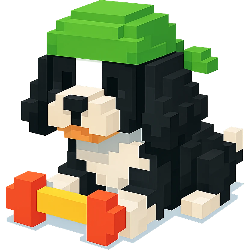 A black and white Russian Cocker Spaniel puppy wearing a green durag, voxel style, playing with a toy emoji